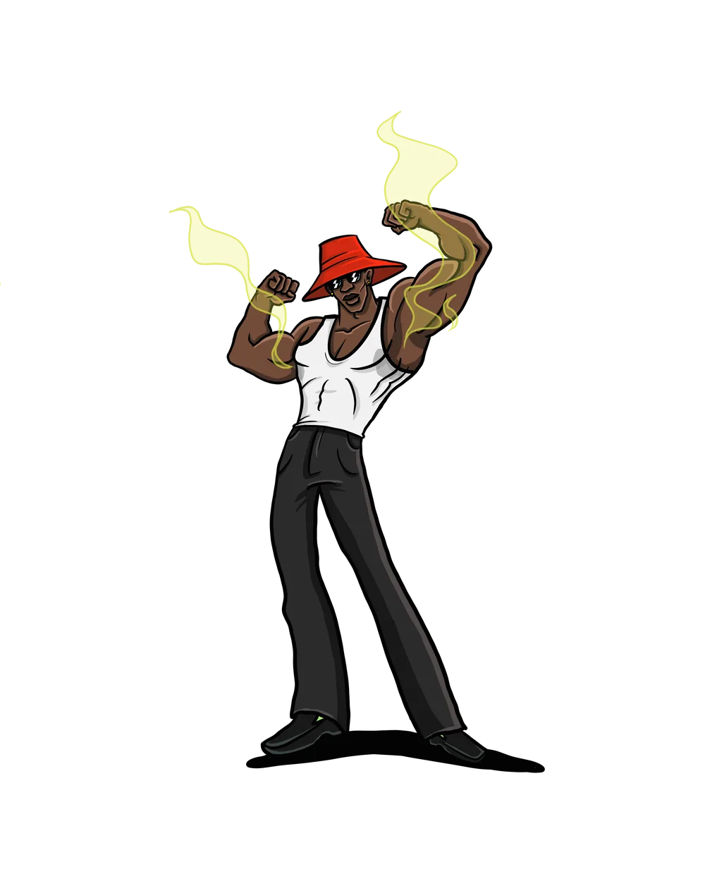 Man in white vest and red hat