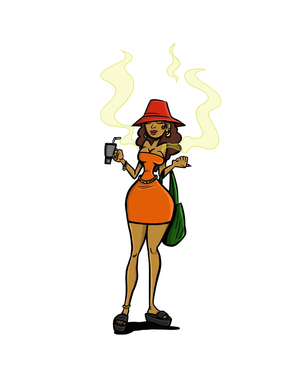 Woman in orange dress and red hat
